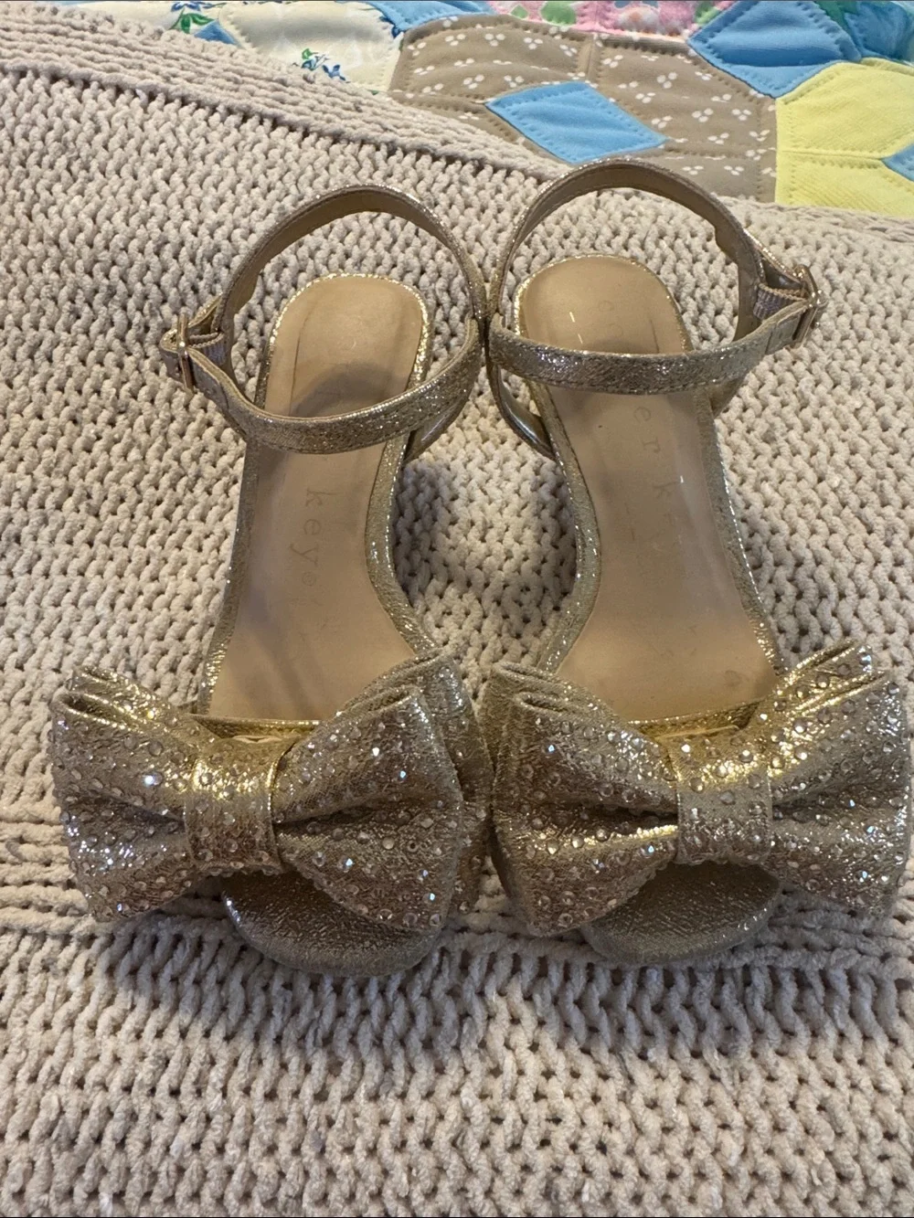 Copper Key Gold Glitter Bow Ankle-Strap Sandals